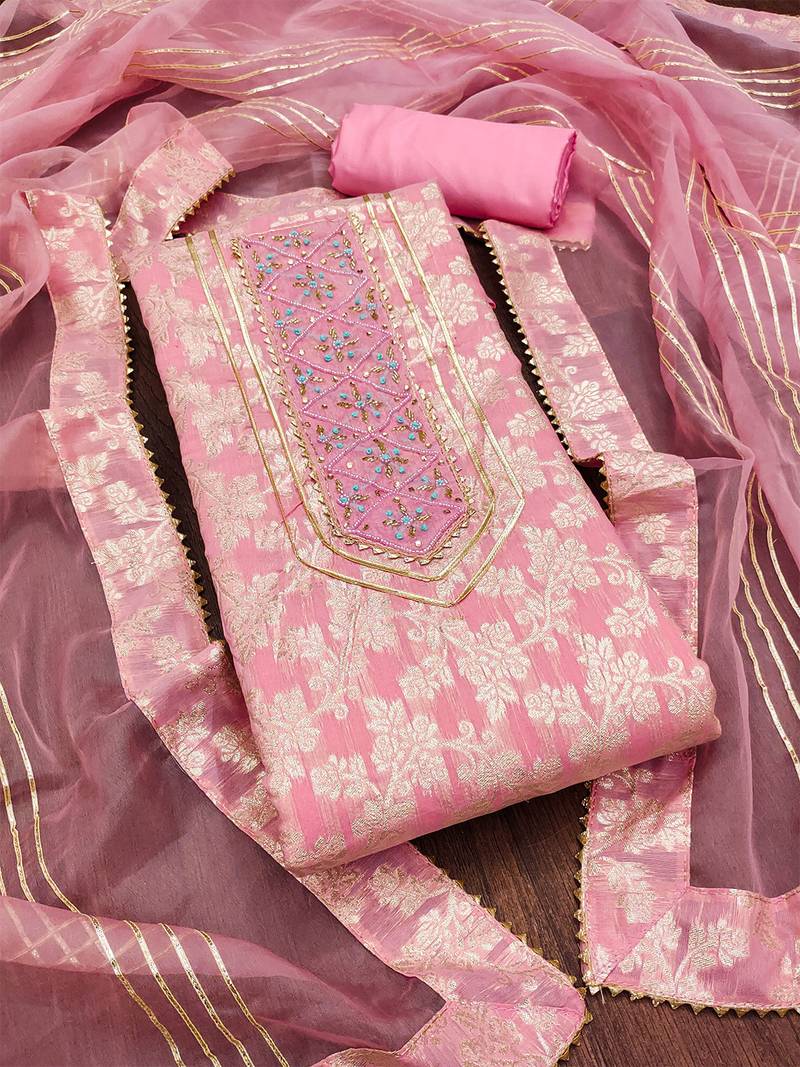 Pink Graceful jacquard dress material with handwork & organza lace dupatta