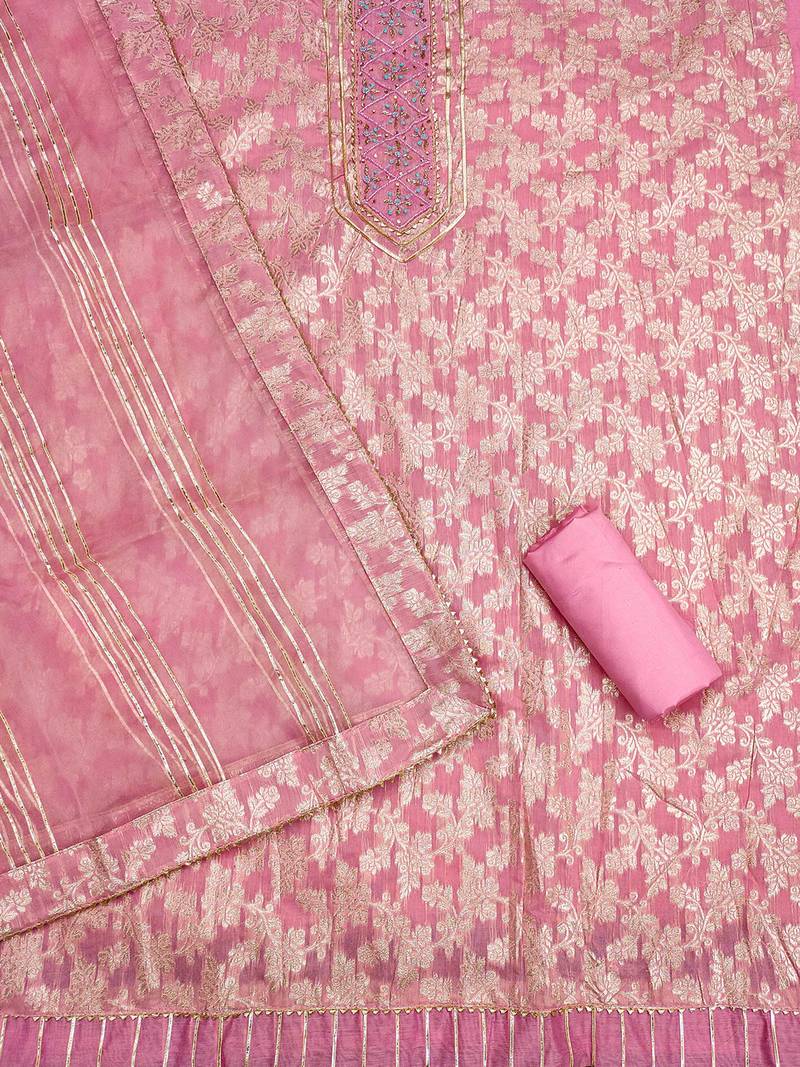 Pink Graceful jacquard dress material with handwork & organza lace dupatta