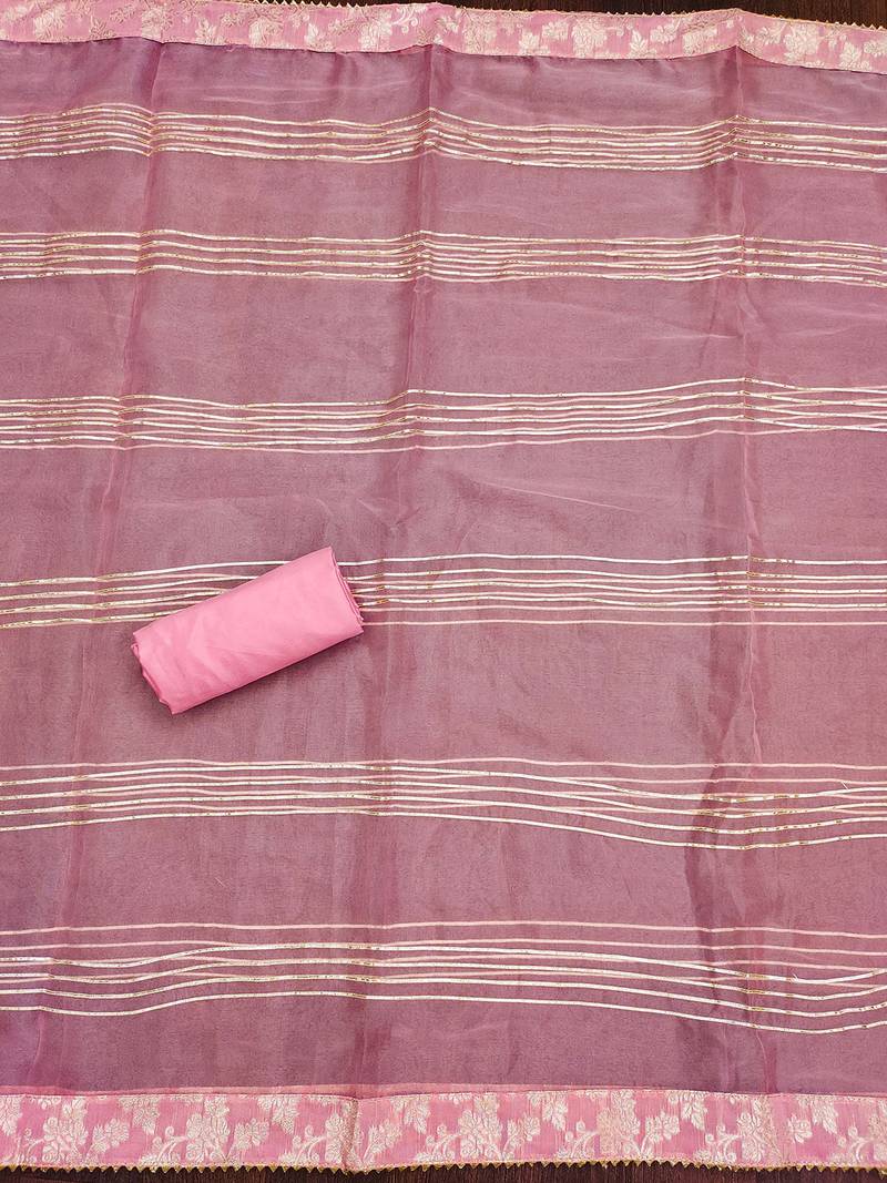 Pink Graceful jacquard dress material with handwork & organza lace dupatta