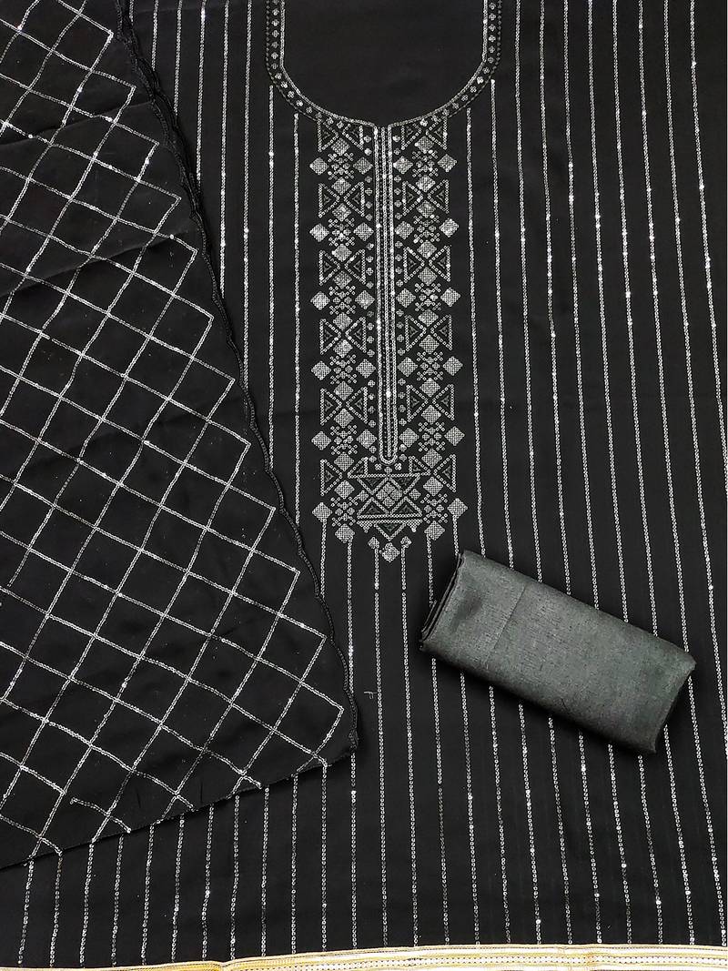 Black georgette dress material with all-over sequence work
