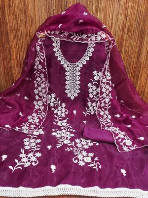 Wine Graceful organza embroidered suit set with matching dupatta 2