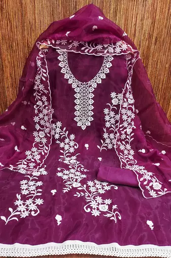 Wine Graceful organza embroidered suit set with matching dupatta