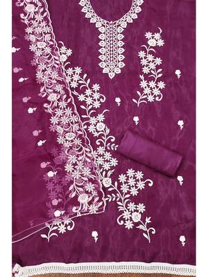 Wine Graceful organza embroidered suit set with matching dupatta 3