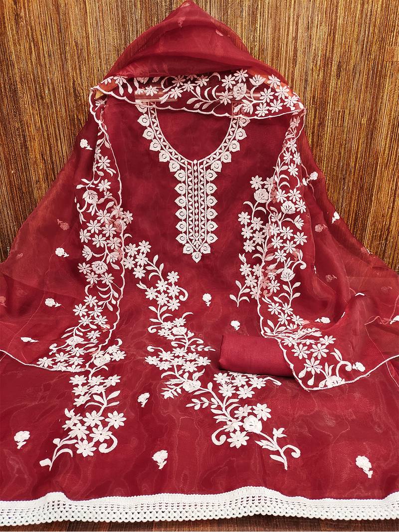 Red Graceful organza embroidered suit set with matching dupatta