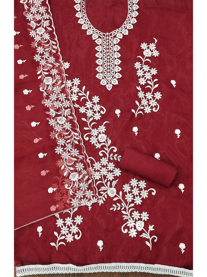 Red Graceful organza embroidered suit set with matching dupatta
