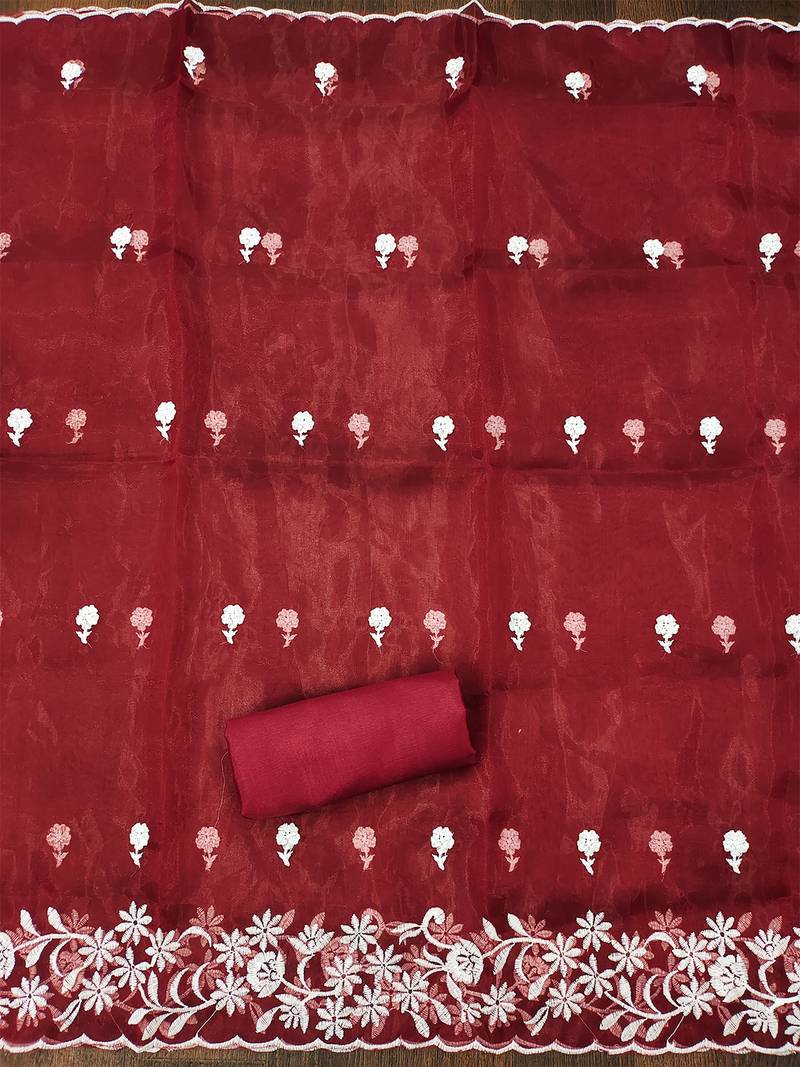 Red Graceful organza embroidered suit set with matching dupatta