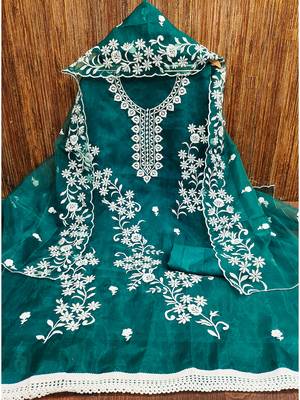 Teal Graceful organza embroidered suit set with matching dupatta 2