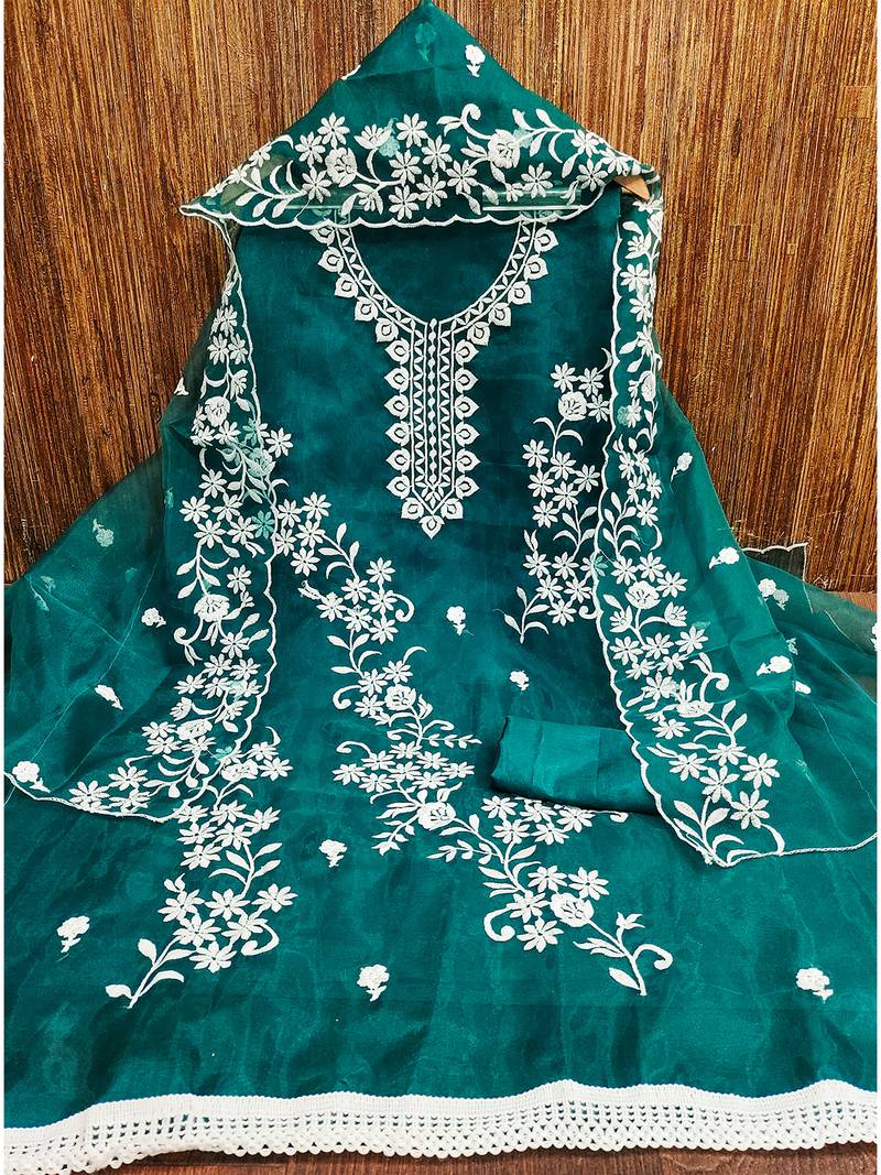 Teal Graceful organza embroidered suit set with matching dupatta