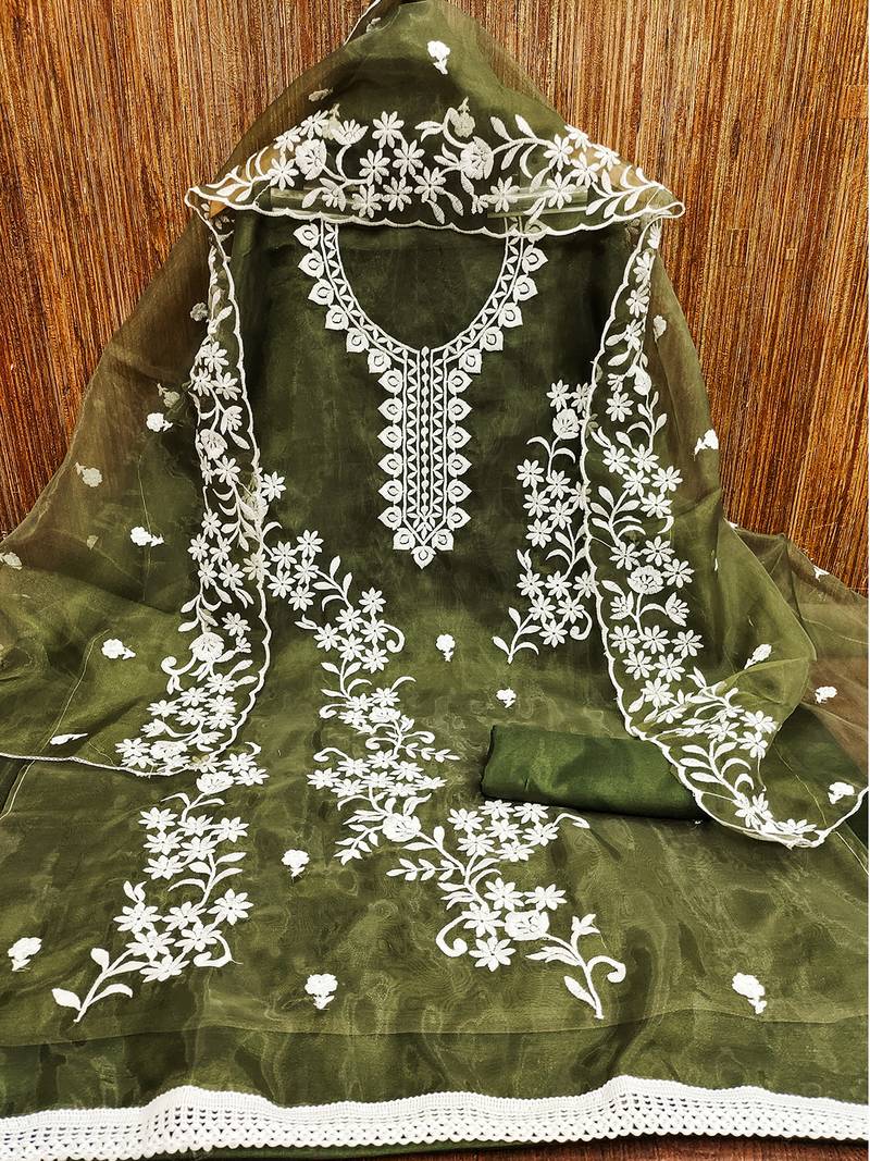 Olive Green Graceful organza embroidered suit set with matching dupatta