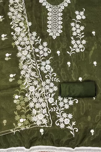 Olive Green Graceful organza embroidered suit set with matching dupatta