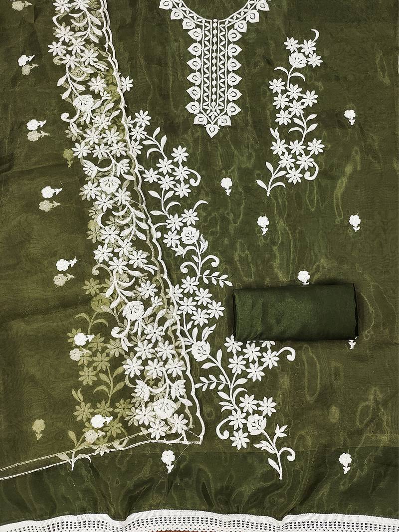 Olive Green Graceful organza embroidered suit set with matching dupatta