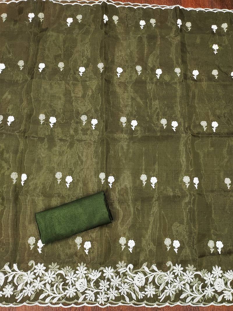 Olive Green Graceful organza embroidered suit set with matching dupatta