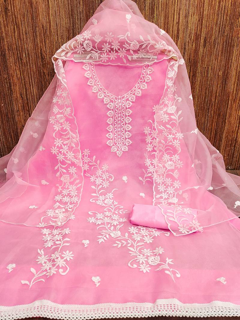 Pink Graceful organza embroidered suit set with matching dupatta