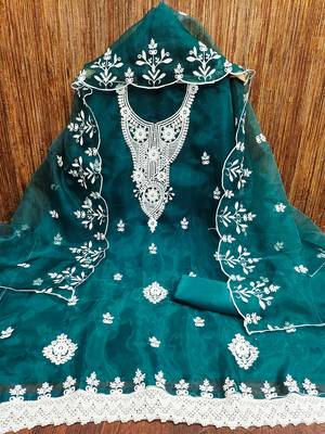 Teal powder organza suit set with intricate white thread embroidery 2