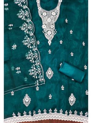 Teal powder organza suit set with intricate white thread embroidery 3