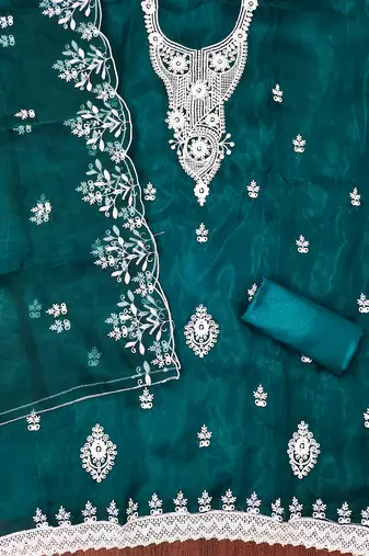 Teal powder organza suit set with intricate white thread embroidery
