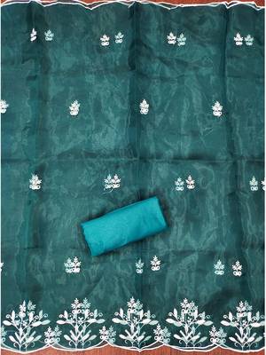 Teal powder organza suit set with intricate white thread embroidery 4