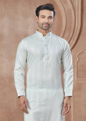White heavy cotton with pintex work kurta pyjama for mens wear 2