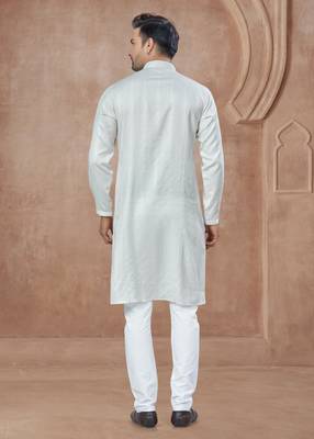 White heavy cotton with pintex work kurta pyjama for mens wear 3