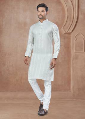 White heavy cotton with pintex work kurta pyjama for mens wear 1