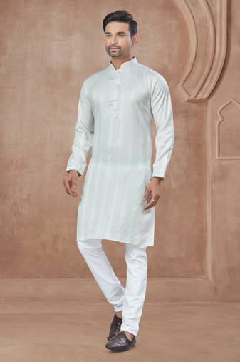 White heavy cotton with pintex work kurta pyjama for mens wear