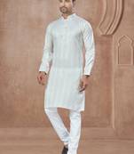 White heavy cotton with pintex work kurta pyjama for mens wear
