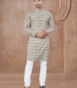 Off white heavy cotton with pintex work kurta pyjama for mens wear