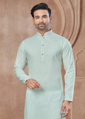Mint green heavy cotton with pintex work kurta pyjama for mens wear 2