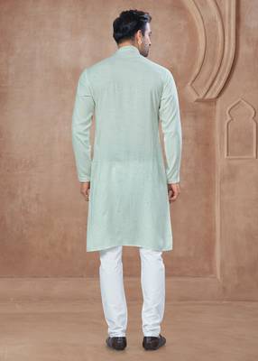Mint green heavy cotton with pintex work kurta pyjama for mens wear 3