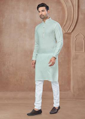 Mint green heavy cotton with pintex work kurta pyjama for mens wear 1