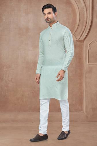 Mint green heavy cotton with pintex work kurta pyjama for mens wear