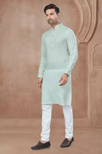 Mint green heavy cotton with pintex work kurta pyjama for mens wear