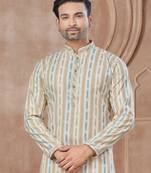 Off white heavy cotton with pintex work kurta pyjama for mens wear