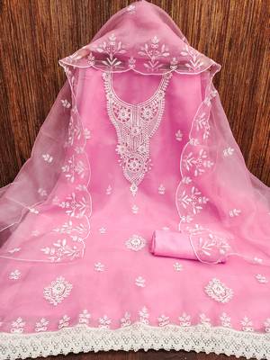 Pink powder organza suit set with intricate white thread embroidery 2