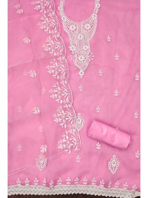 Pink powder organza suit set with intricate white thread embroidery 3