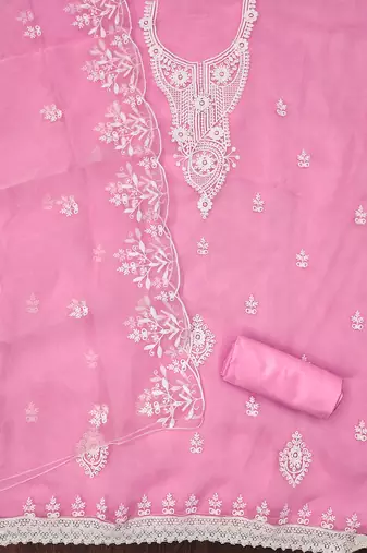 Pink powder organza suit set with intricate white thread embroidery