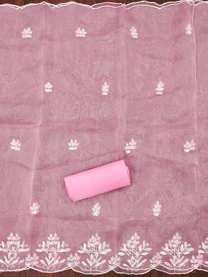 Pink powder organza suit set with intricate white thread embroidery 4
