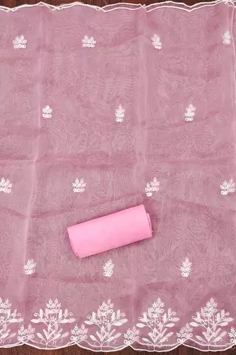 Pink powder organza suit set with intricate white thread embroidery