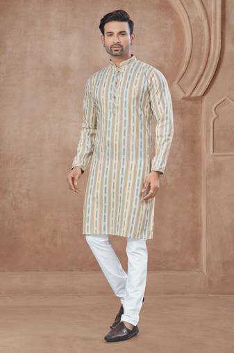 Off white heavy cotton with pintex work kurta pyjama for mens wear