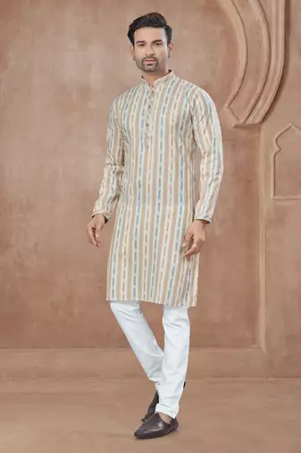 Off white heavy cotton with pintex work kurta pyjama for mens wear