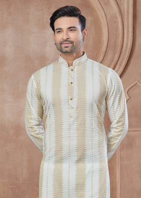 Cream heavy cotton with pintex work kurta pyjama for mens wear 2