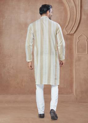 Cream heavy cotton with pintex work kurta pyjama for mens wear 3