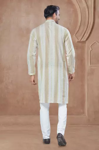 Cream heavy cotton with pintex work kurta pyjama for mens wear