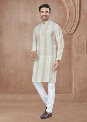 Cream heavy cotton with pintex work kurta pyjama for mens wear 1