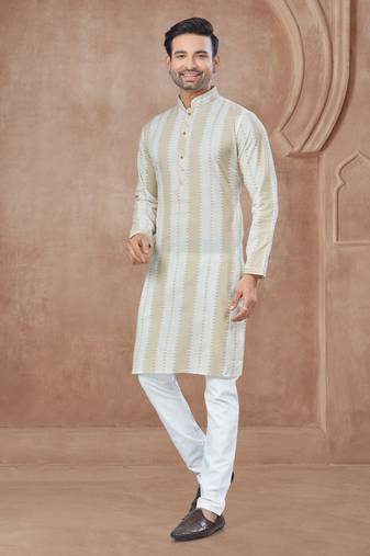 Cream heavy cotton with pintex work kurta pyjama for mens wear