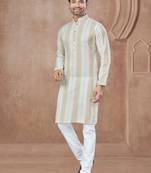Cream heavy cotton with pintex work kurta pyjama for mens wear