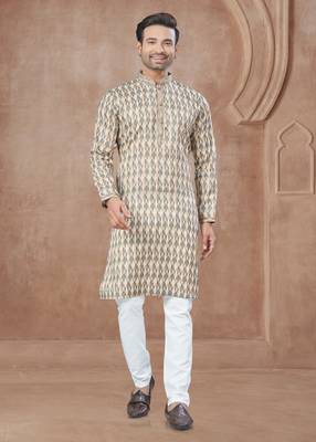Brown heavy cotton with pintex work kurta pyjama for mens wear 1