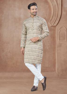 Brown heavy cotton with pintex work kurta pyjama for mens wear 3