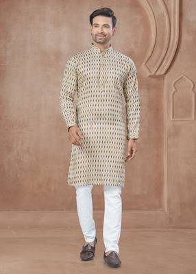 Light yellow heavy cotton with pintex work kurta pyjama for mens wear 1