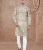 Light yellow heavy cotton with pintex work kurta pyjama for mens wear